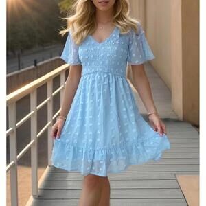 Zattcas Large Light Blue Textured Dress with Ruffle Hem